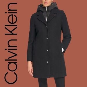 CALVIN KLEIN NWT Removable Bibb & Hood Mixed Media Long Black Coat/LG
